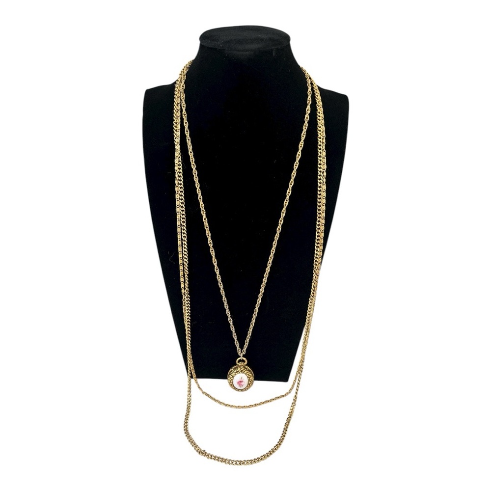Vintage Goldette Gold Tone Triple Strand Necklace Guilloche Locket Rose Pendant